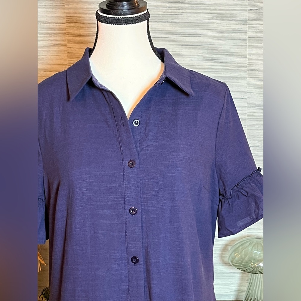 Merokeety Button Down Shirt Dress Ruffle Sleeve Shift Navy Blue Women Size S NWT - Picture 3 of 10